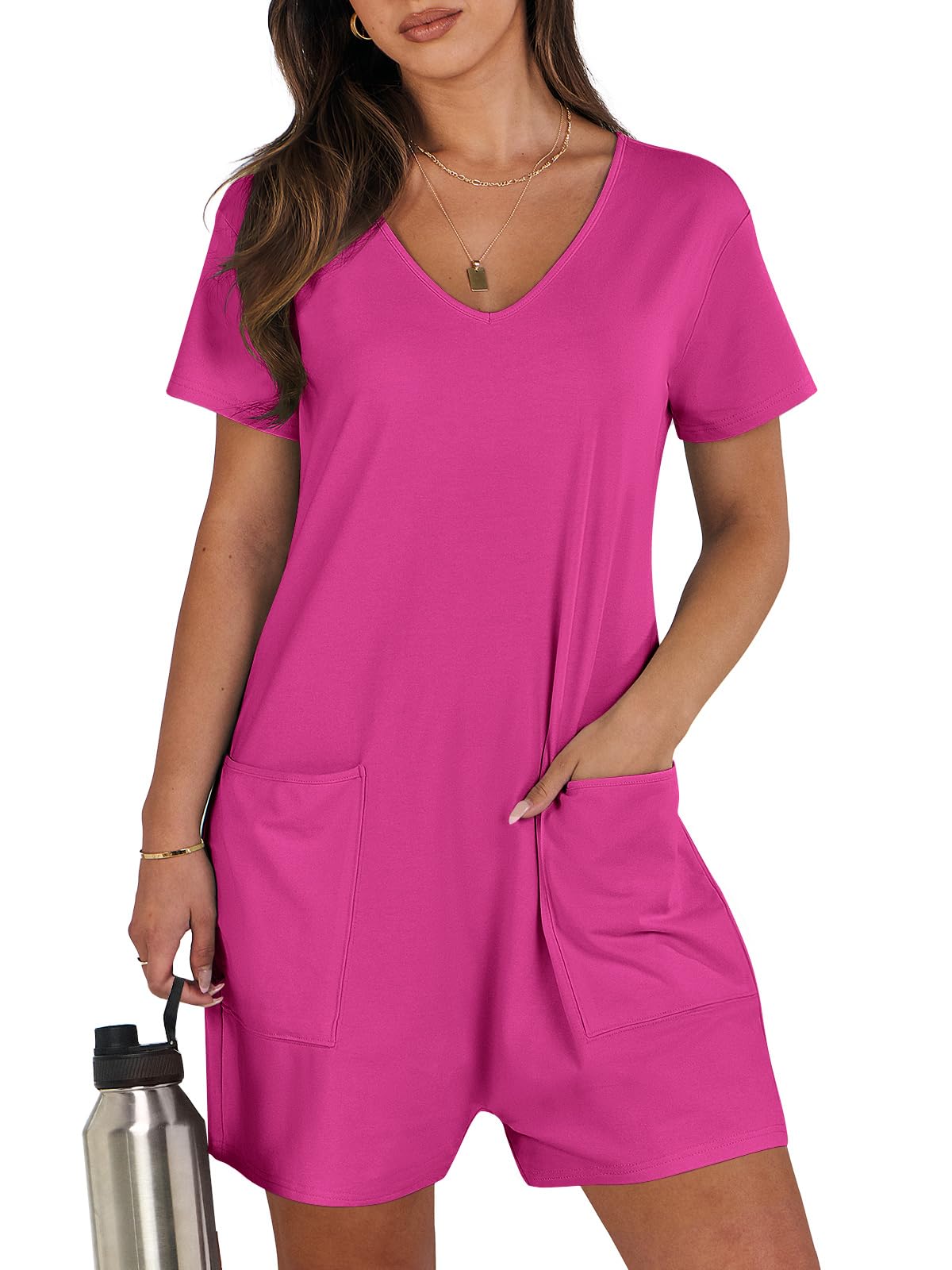 Photo 1 of ***STOCK PHOTO FOR REFERENCE ONLY **Rompers for Women Summer Casual Short Sleeve Jumpsuits V Neck Loose Fit One Piece Outfits with Pockets 2025 Clothes Large