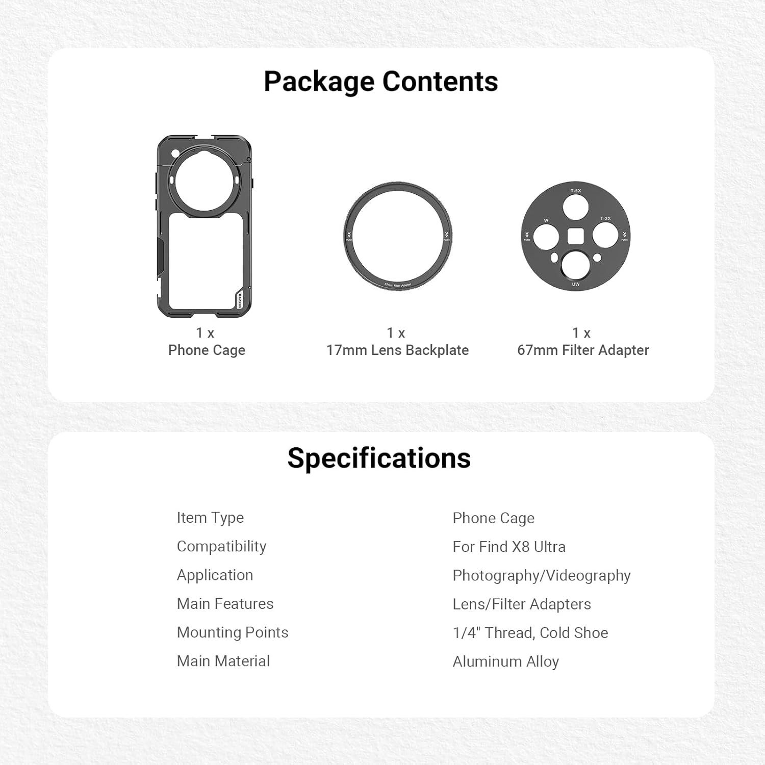 NEEWER Find X8 Ultra Phone Cage, Quick Release Video Rig Stabilizer for Recording Vlogging Filming with 67mm Filter Ring & 17mm Lens Backplate, Compatible with Oppo Find X8 Ultra, Black, PA147