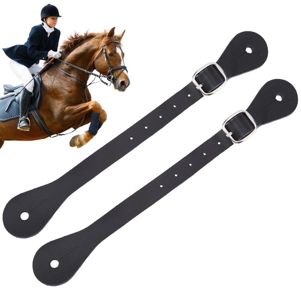 CALFOVERA 2PCS 22.5cm Cowhide Leather Thigh High Boot Single Ply Spur Straps Adjustable Stability Genuine Leather Equestrian English Stirrup Straps with Buckle for Saddles Horse Riding(Black)