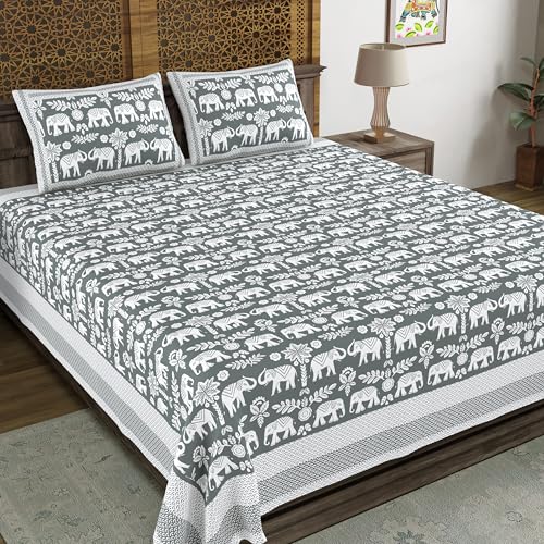 Image of BLOCKS OF INDIA Hand Block Printed 200 TC Cotton Super King Size Bedsheet (Grey GAD ELE)