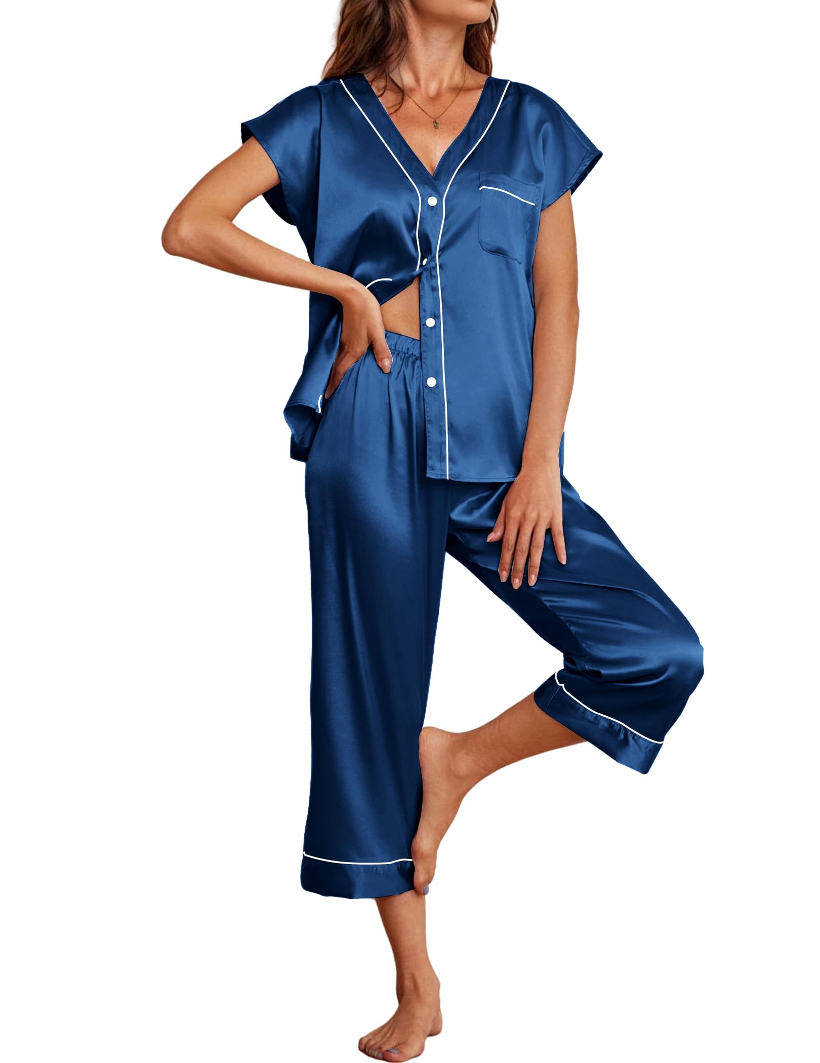 Ekouaer Satin Pajama Set Womens Short Sleeve V Neck Silky Shirt with Capri Pant Button Down PJs Soft Satin Loungewear