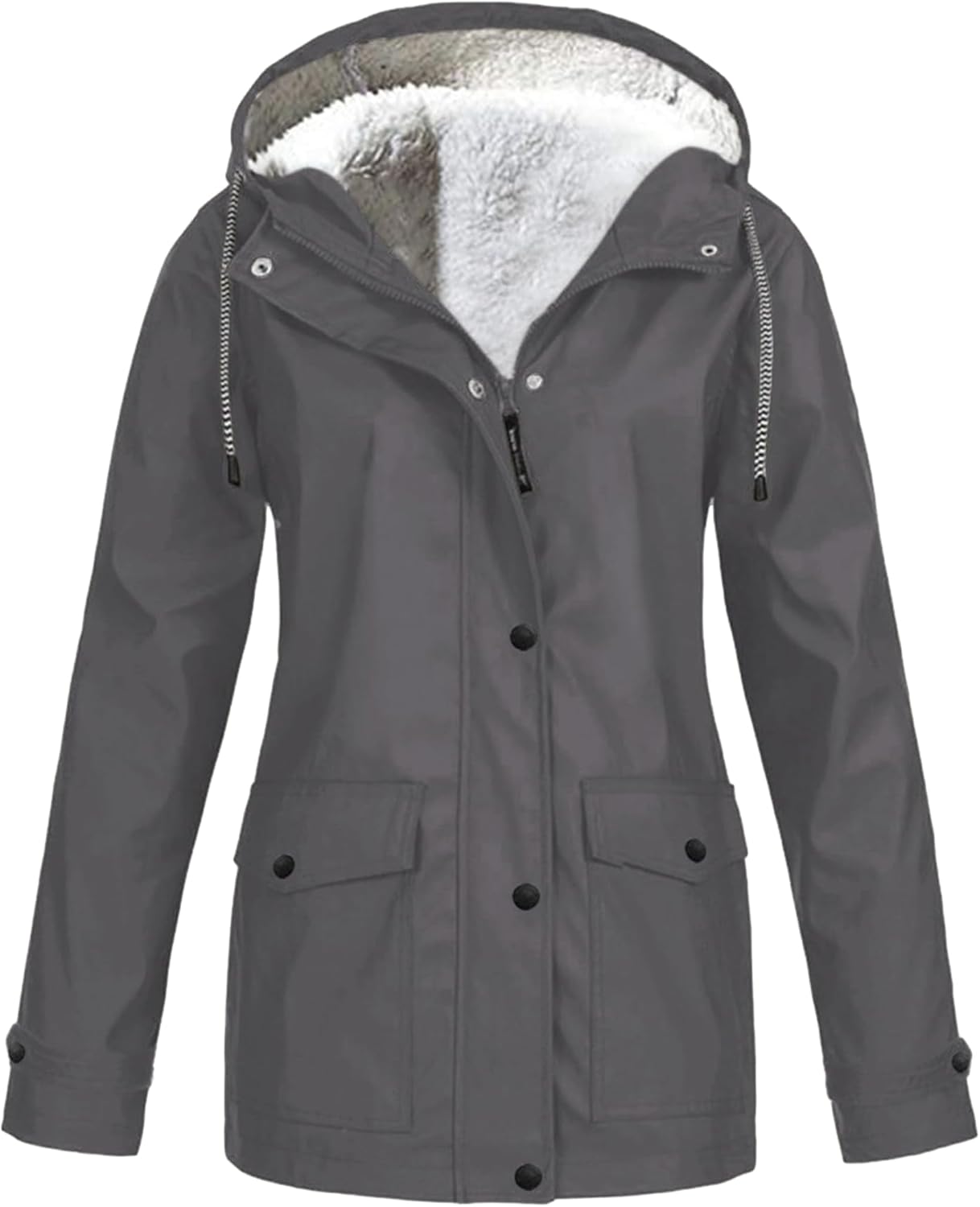 Women's Lightweight Fleece Lined Waterproof Jacket Hooded Rain Jacket Warm Long Coat with Pockets