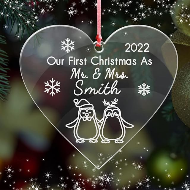howson london First Christmas as mr and mrs Xmas Decoration Bauble Personalised Married Acrylic Tree Bauble for 1st Wedding Gifts Keepsake for Him or Her (HEART 1)