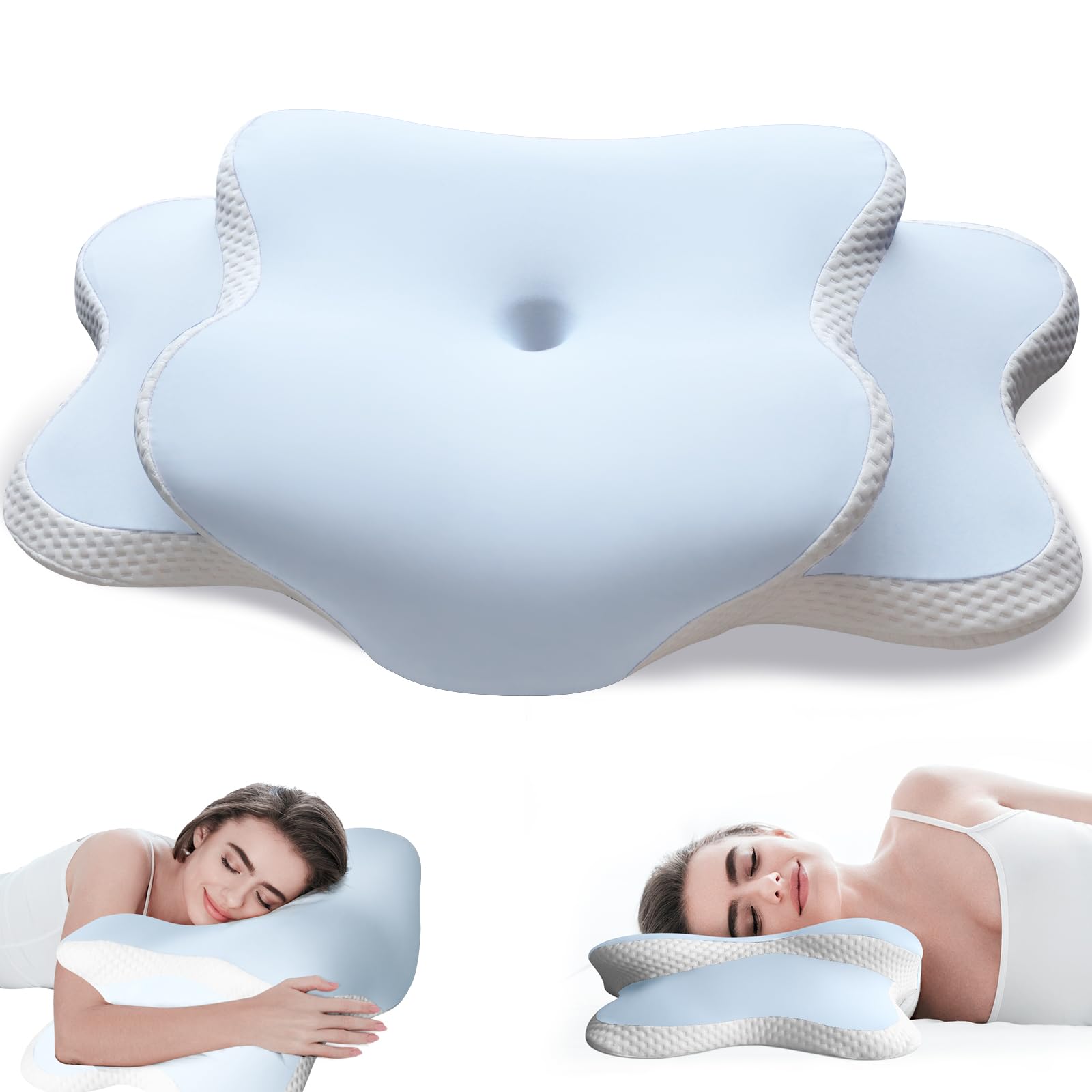 Nackenkissen Kopfkissen - Ergonomisches Kopfkissen für Seiten, Rücken & Bauchschläfer, Memory Foam Kissen mit Kühlung Abnehmbare Kissenhülle （LightBlue）