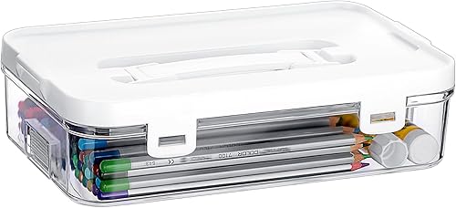 BTSKY Contenedor de plástico transparente con tapa y asa, organizador de manualidades multiusos y caja de almacenamiento, caja de almacenamiento