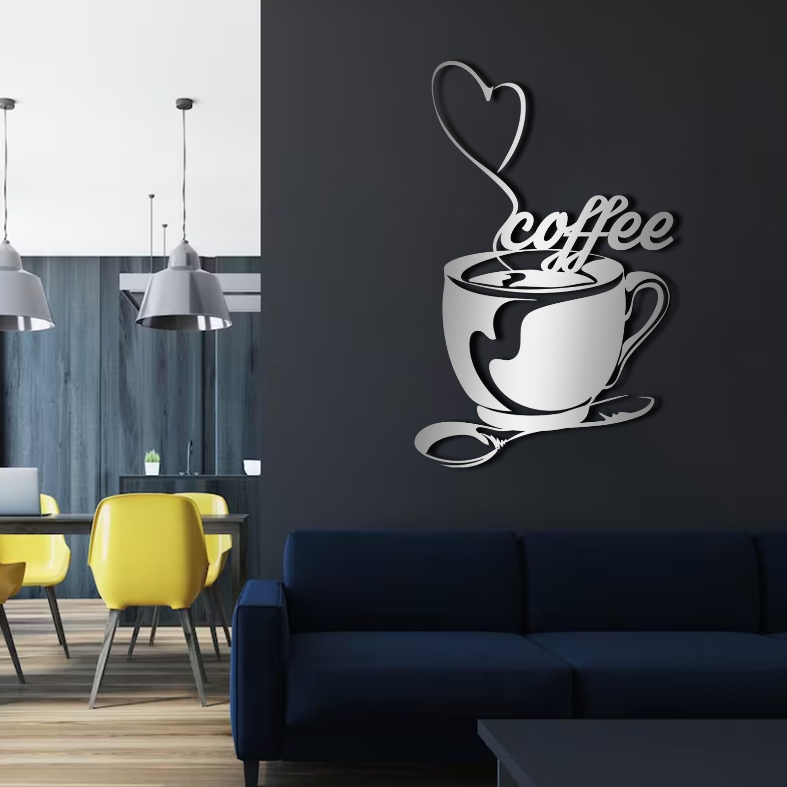 Schwarze Kaffeetasse aus Metall als Wanddekoration, Herzförmiger Löffel aus Metall als Wanddeko für Cafés, Moderne Kaffeeskulptur für Wohnzimmer, Schlafzimmer, Flur, Heimdekoration (Gold 30"