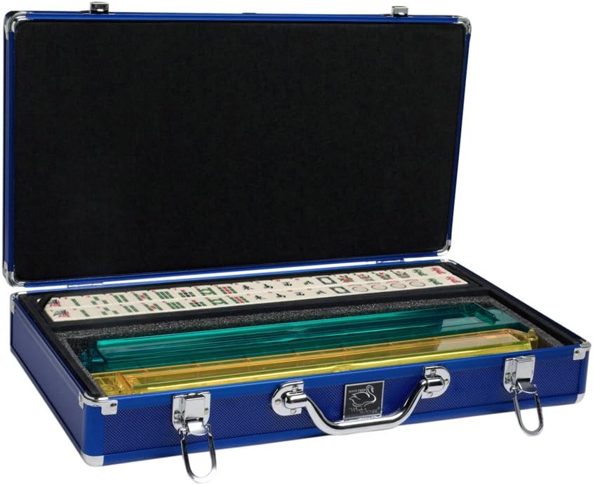American Mah Jongg Set by White Swan – 166 Ivory Colored Engraved Tiles – 4 x All-in-One Rack/Pushers – Aluminum Case - Blue