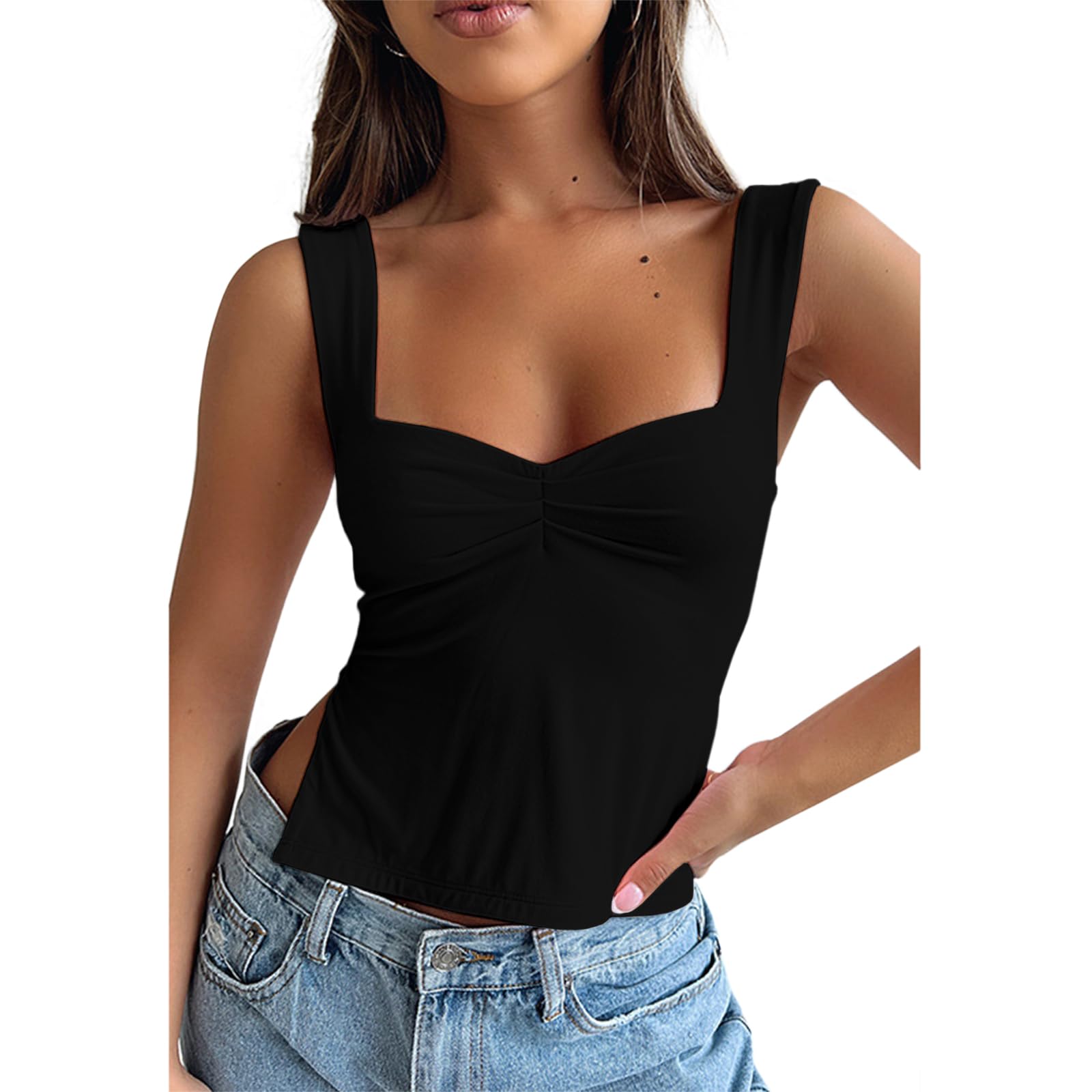 GTETKDE Women's Sexy Sleeveless Skinny Crop Tank Tops Strappy Slits Pleated Bustier Sweetheart Neck Backless Y2K Cropped Cami