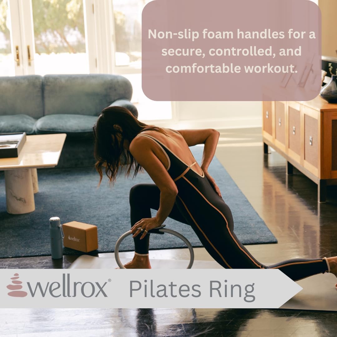 Wellrox Anillo de pilates y bolsa de transporte, anillo de yoga ligero con círculo mágico, ejercitador exterior e interior de muslos para yoga, pilates, entrenamiento de fuerza (15 pulgadas)