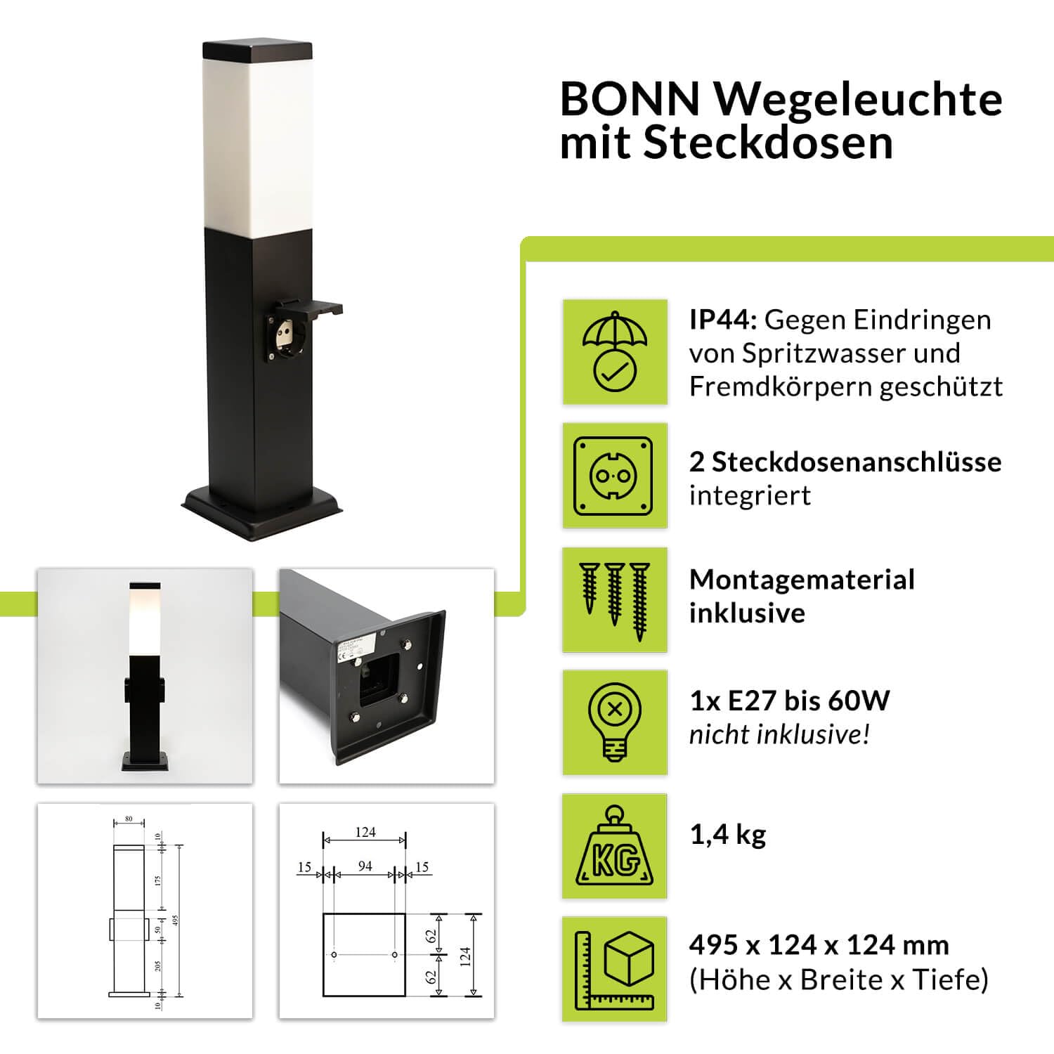 Licht-Erlebnisse Sokkellamp zwart BONN kunststof metaal H: 50cm met 2 stopcontacten 230V E27 energiezuil tuin