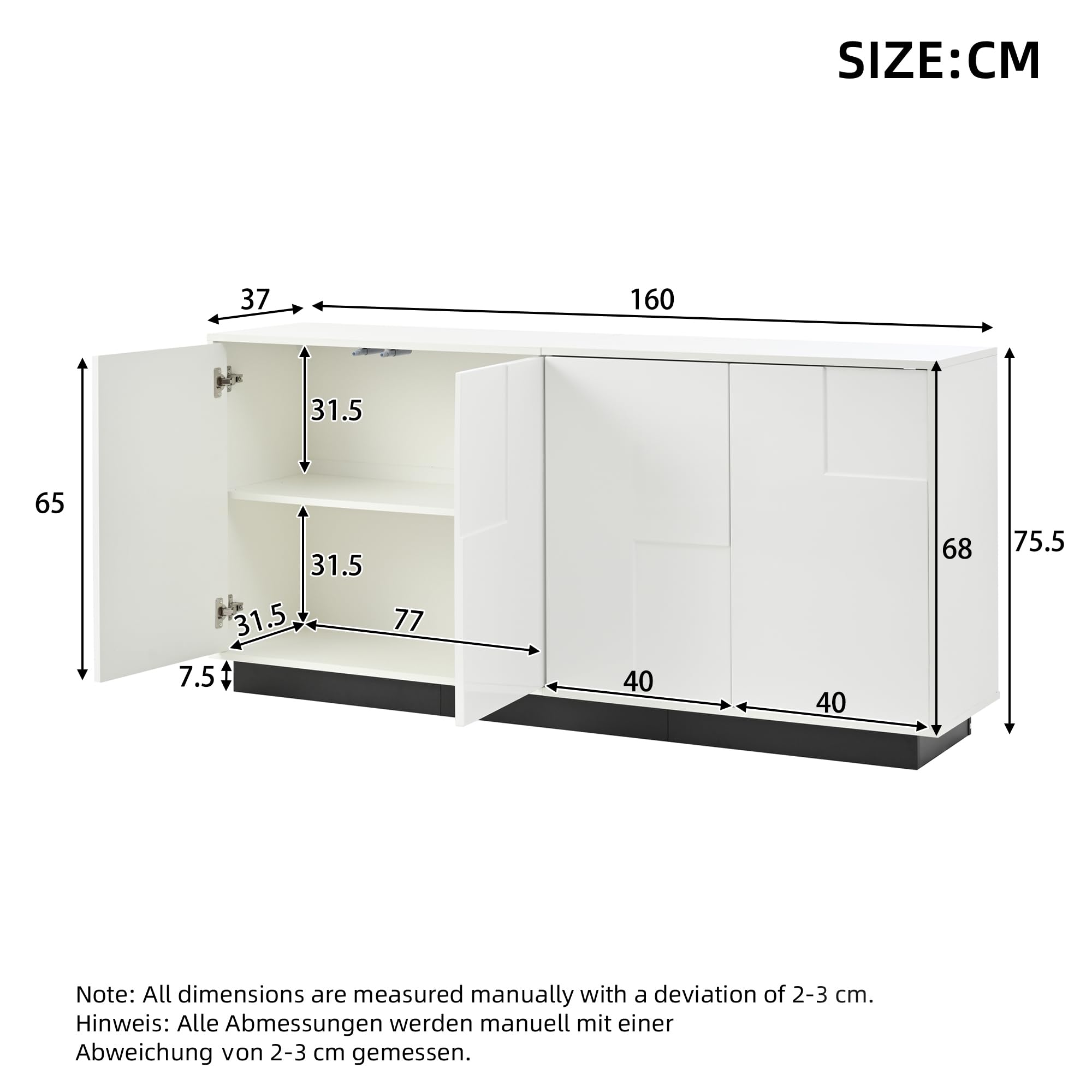 Szafka do salonu, 160 x 37 x 75,5 cm, z 4 drzwiami. Szafka pod wysoki połysk, szafka pod umywalkę o geometrycznym kształcie, duża przestrzeń do przechowywania, schemat kolorów w kolorze białym i