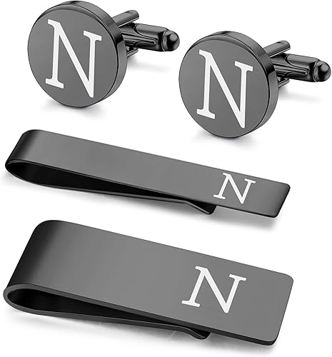 LOYALLOOK 4Pcs Stainless Steel Engraved Initial Cufflinks and Tie Bar Money Clip Set Personalized Button Shirt Initials Tie Clip Alphabet Letter A-Z