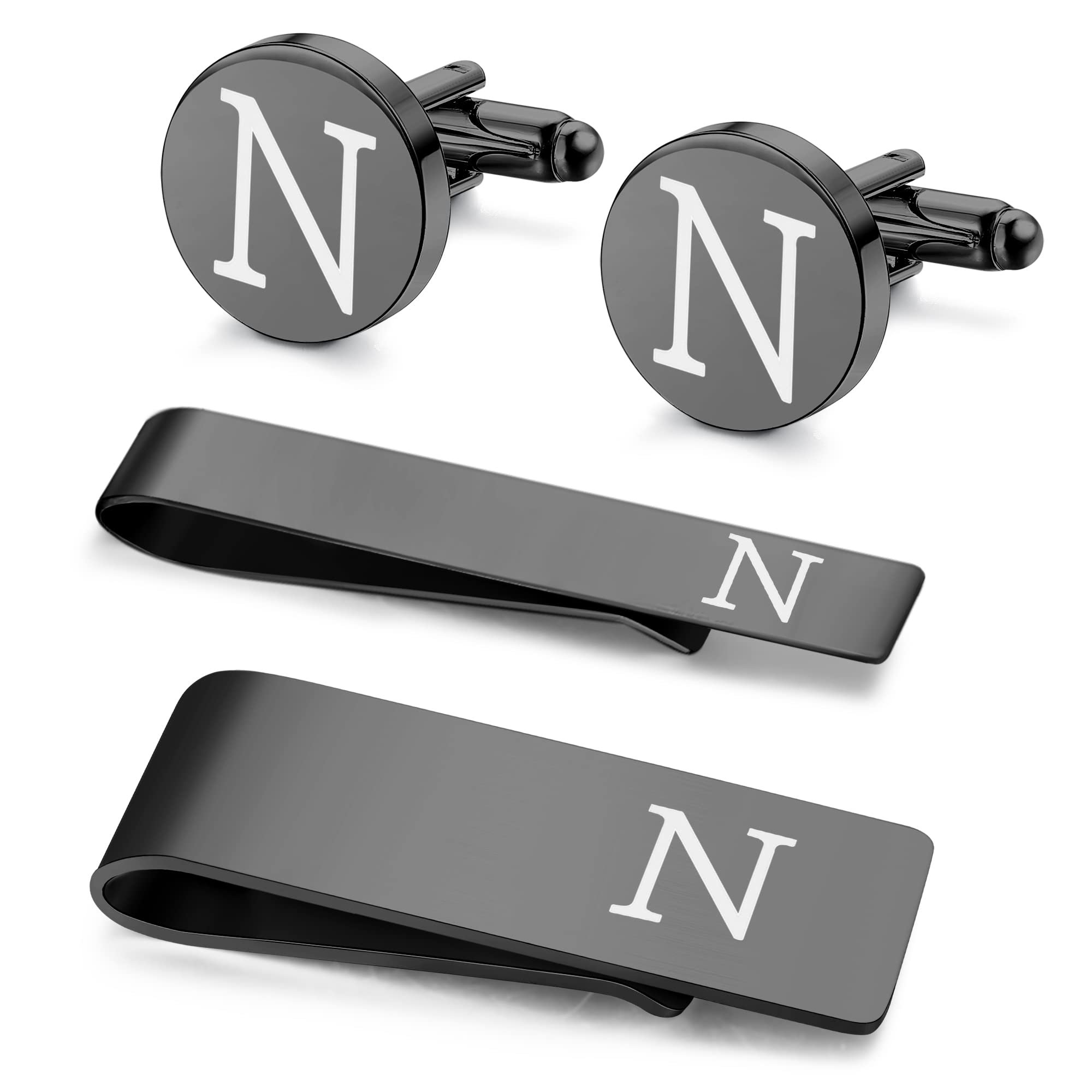 LOYALLOOK 4Pcs Stainless Steel Engraved Initial Cufflinks and Tie Bar Money Clip Set Personalized Button Shirt Initials Tie Clip Alphabet Letter A-Z for Best Man Groom Wedding Business Letter N
