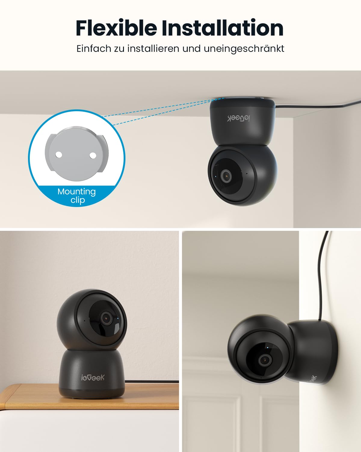 ieGeek 2K Cámara WiFi interna 2,4/5 GHz, rotación de 360 ° para casa/bebé | Seguimiento de movimiento, grabación 24/7, visión nocturna, audio bidireccional, SD/Cloud, funciona con Alexa, SC1/negro