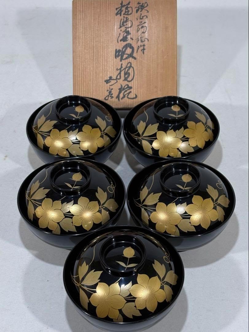 輪島塗　鉄仙蒔絵付 吸物椀五客　美品　共箱　茶道具　懐石道具　送料込 輪島塗 鉄仙蒔絵付 吸物椀五客 美 共箱 茶道具 懐石道具