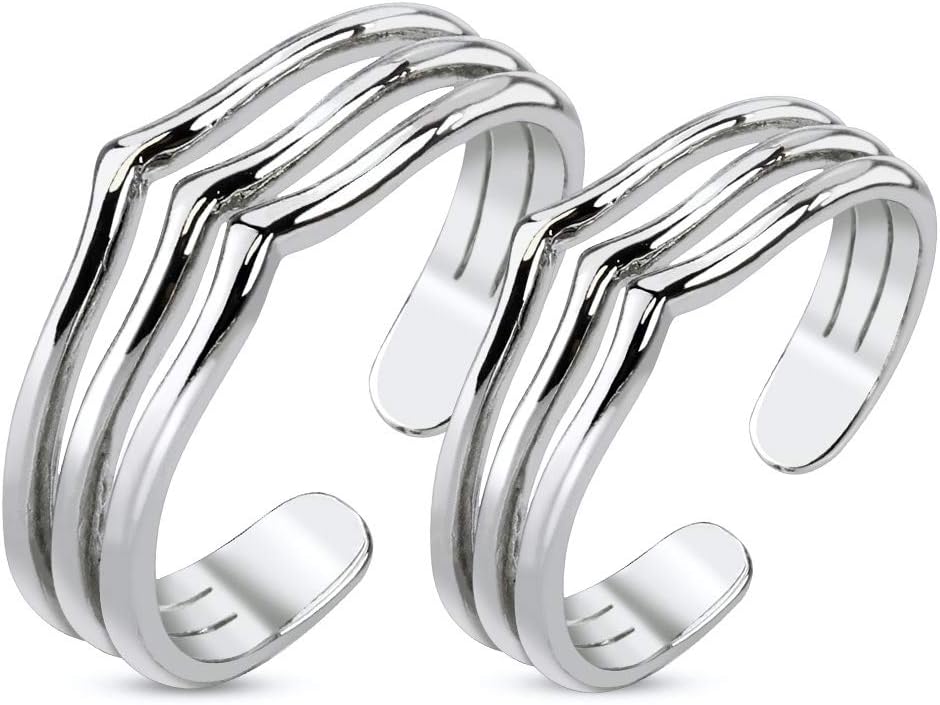Pair Triple Lines Adjustable Rhodium Plated Brass Mid-Ring/Toe Ring