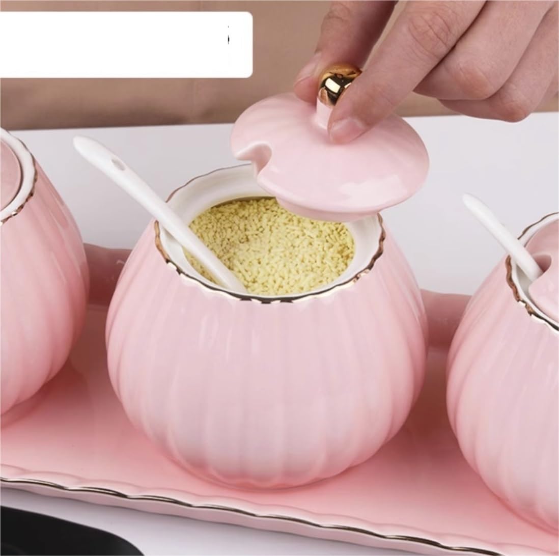 Salero Y Azucarero Cocina Juego De Tarros Especias Cerámica Con Tapa, Cuchara Y Bandeja, Para Condimentos, Caja Para Almacenamiento En El Hogar, Para Sal, Cocina Caja De Almacenamiento(Pink)