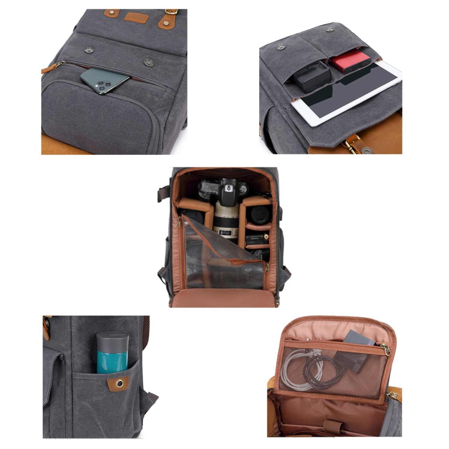 Zaino da viaggio in tela Batik impermeabile retrò kaki borsa a tracolla per portatile con cintura treppiede per Canon EOS 6D, 6D II, 6D III, 6D IV con obiettivo EF-S 17-85mm o obiettivo EF-S 18-135mm