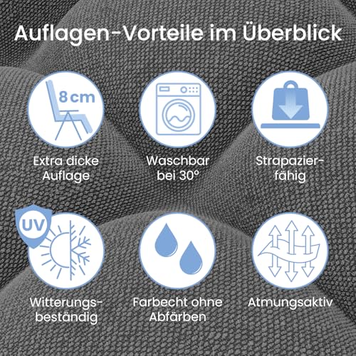 ELONEO Liegestuhl klappbar inkl. Premium Polster, Sonnenliege wetterfest mit 200 kg Belastbarkeit, Gartenstuhl extra breit, Gartenliege mit Verstellbarer Rückenlehne, Nackenkissen und Getränkehalter