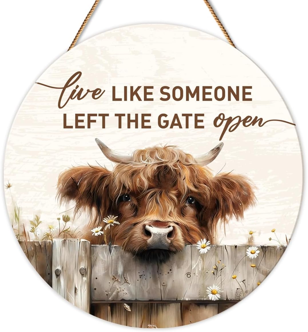 Mandala Soul Highland Cow Decor Farmhouse Western Animal Wooden Sign for Home Office Kitchen Bedroom Decor, Rustic Farm Live like Someone Left the Gate Open Home Sign Decoration, Highland Cow Gifts for Women