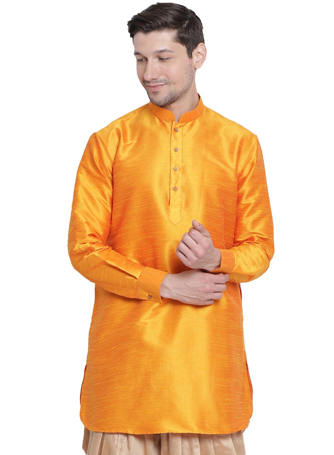 Vastramay Men’s Gold Curved Shape Pathani Style Silk Cotton Kurta – Mid-Length with Buttoned Cuff, Soft & Comfortable Ethnic Wear-picture-28
