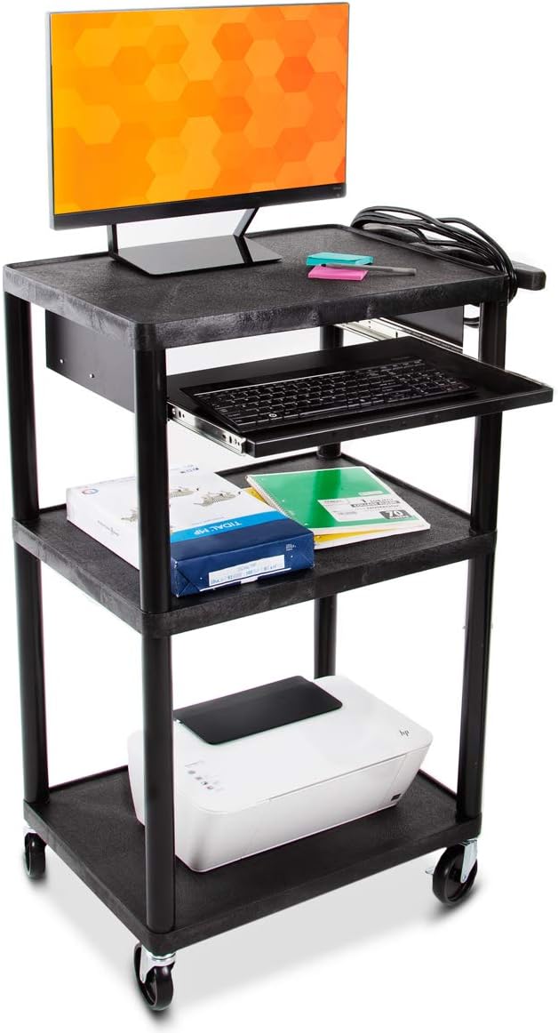 Line Leader Plastic AV Cart with Keyboard Tray  Mobile Workstation with 4 Rolling Casters and 2 Locking Brakes Heavy Duty, Holds up to 400 lbs Perfect for Offices and Schools (Black / 24 x 18 x 42) : Office Products