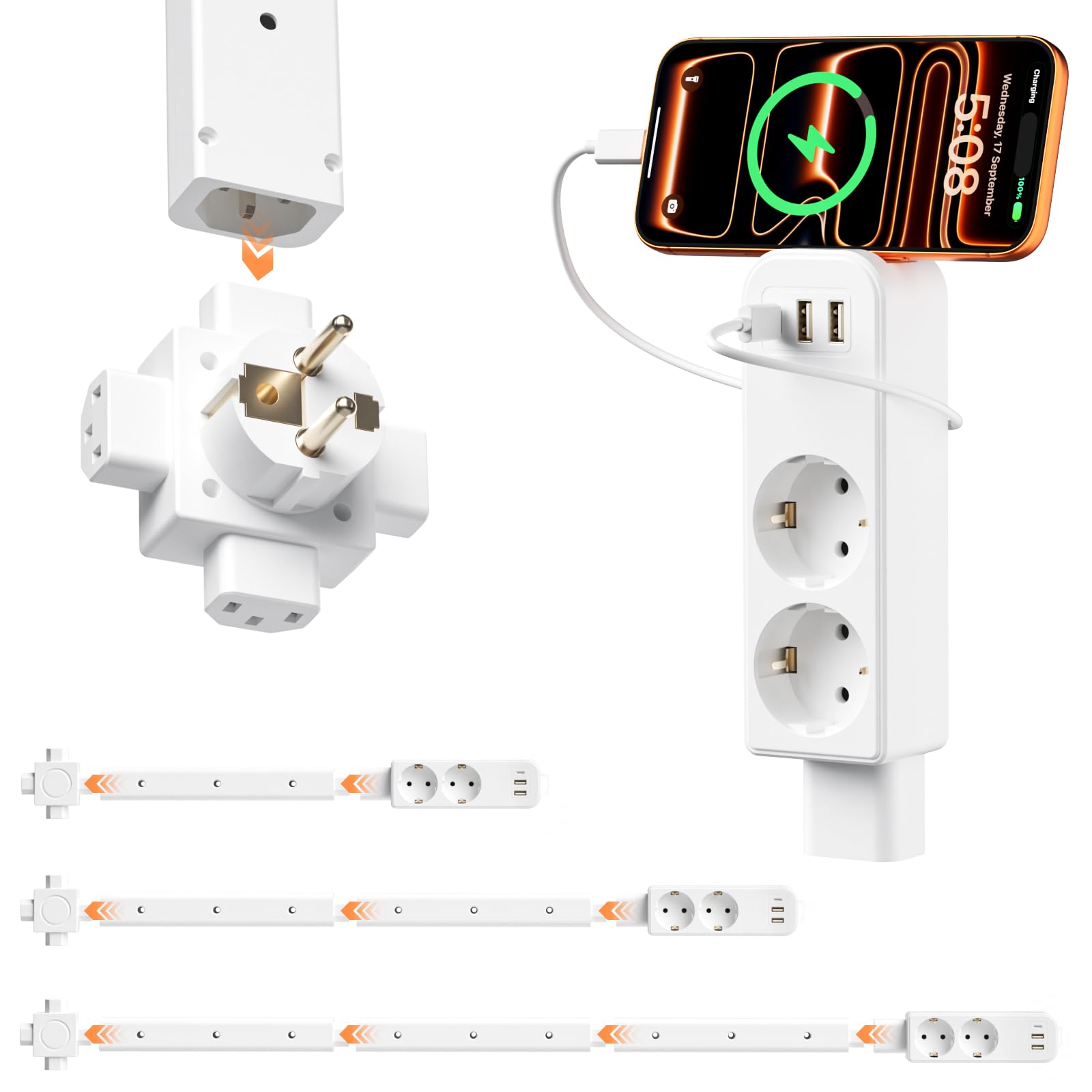 Multipresa Ciabatta Elettrica Estensibile con 3 asticelle estensibili, [Regolabile 9,92-37,32 pollici], 3 Presine AC, 2 USB-A, 1 USB-C, 360° montabile, ideale dietro divano e comodino