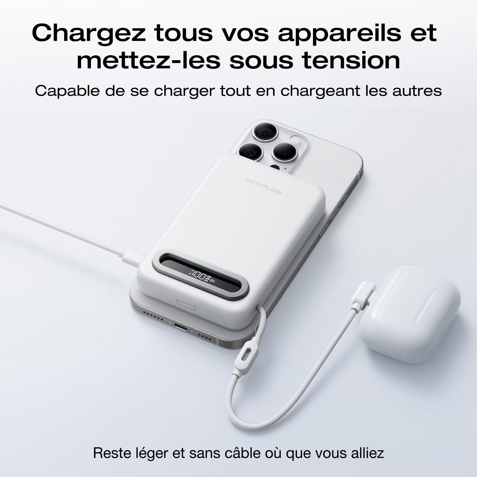 EcoFlow Rapid Mag Qi2.2 Magnétique Powerbank 10000mAh 25W avec Câble USB C 36W, Certifié Qi2.2 Batterie Externe Magnétique sans Fil Power Bank Rapide Chargeur pour iPhone 17/16/15 Pro Max Blanc