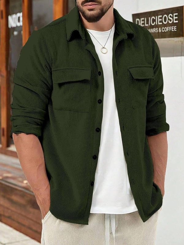 Image of Men Corduroy Casual Jacket Full Sleeve Self Design Button Front with Spread Collar, Woven Cord Lining and Two Pockets for Casual Outings