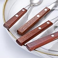 Vista 3 de Juego de 20 cubiertos de acero inoxidable con mango de madera maciza para 4 personas, cuchillo para carne, cuchara de postre (oscuro)