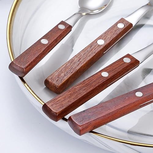 Miniatura 3 de Juego de 20 cubiertos de acero inoxidable con mango de madera maciza para 4 personas, cuchillo para carne, cuchara de postre (oscuro)