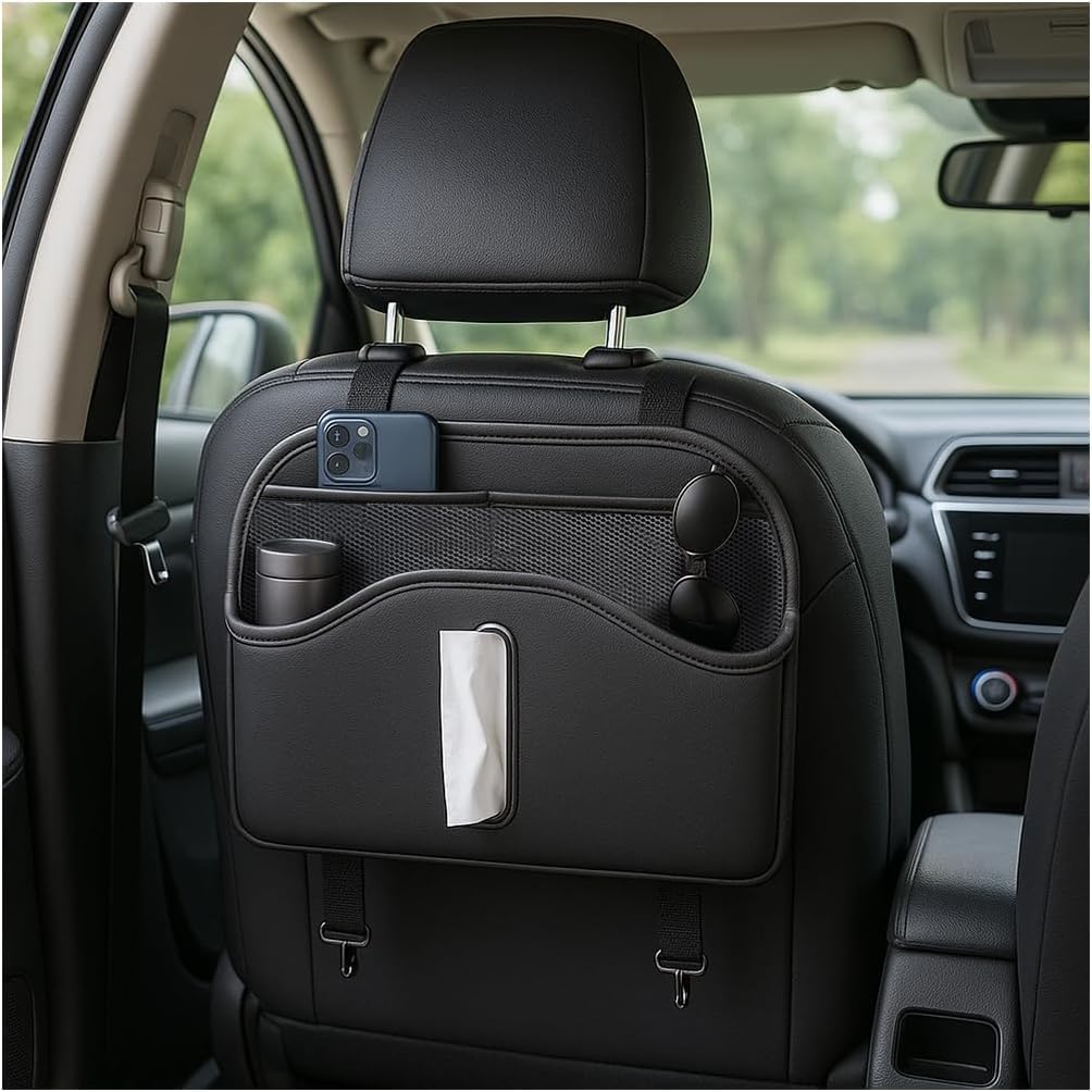 PRAMANTA Universal PU Leather Car Back Seat Organiser Multi-Storage Bottle and Tissue Paper Holder Compatible with All Cars (1Pcs)