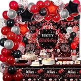 Lecheme Red and Black Birthday Decorations Happy Birthday Backdrop 66 Pcs Balloons Set Red and Black Party Supplies for Men Women Red Party Decorations