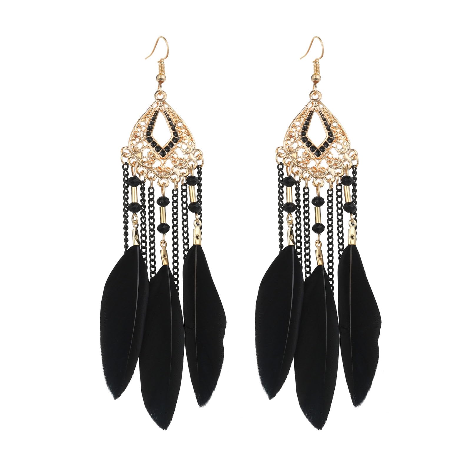 Pendientes de mujer, pendientes de plumas bohemias, pendientes de formas florales huecas geométricas exageradas, elegantes pendientes de borlas de cadena de cuentas de arroz con gancho de crochet, reg