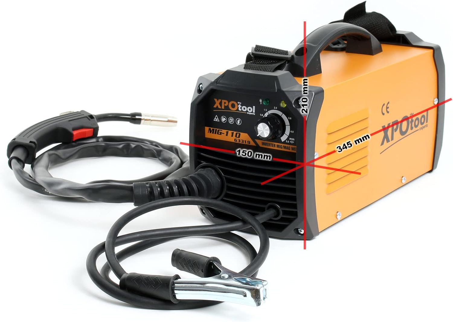 XPOtool MIG100 Welder with dimensions indicated