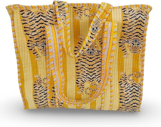 Image of YILLE Cotton Quilted Floral & Tiger Print Tote Bag, 18 x 18 inches For Grocery Shopping, Travel