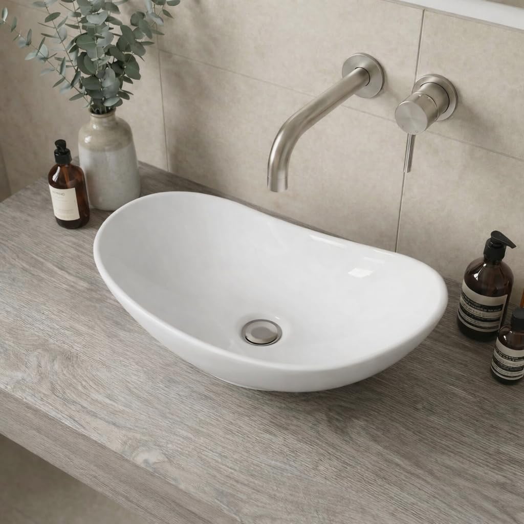 BAYSTONE® Countertop Basin for Bathroom and Cloakroom Hand Wash Basins Sink Modern White Gloss Oval, 620 x 360mm