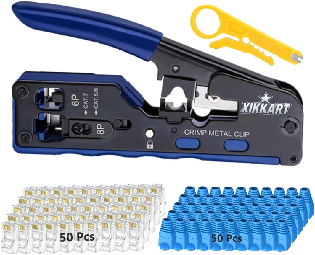 XIKKART RJ45 Crimping Tool Kit โ All-in-One Passthrough Ethernet Crimper for Cat5/Cat6/Cat7 โ Includes 50pc Cat6 Pass-Through Connectors & 50pc RJ45 Strain Relief Boots (Multicolor)