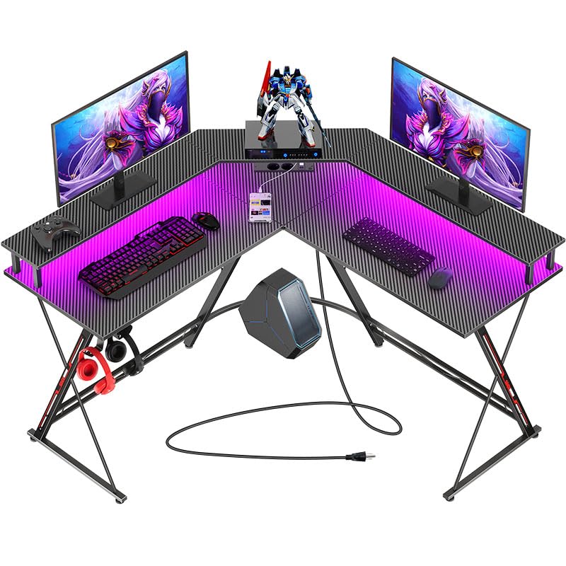 SEVEN WARRIOR Gaming Tisch, Schreibtisch mit LED & Steckdosen, Eckschreibtisch mit Monitorständer & 2 Haken, Ergonomischer Computertisch L Form (127cm)
