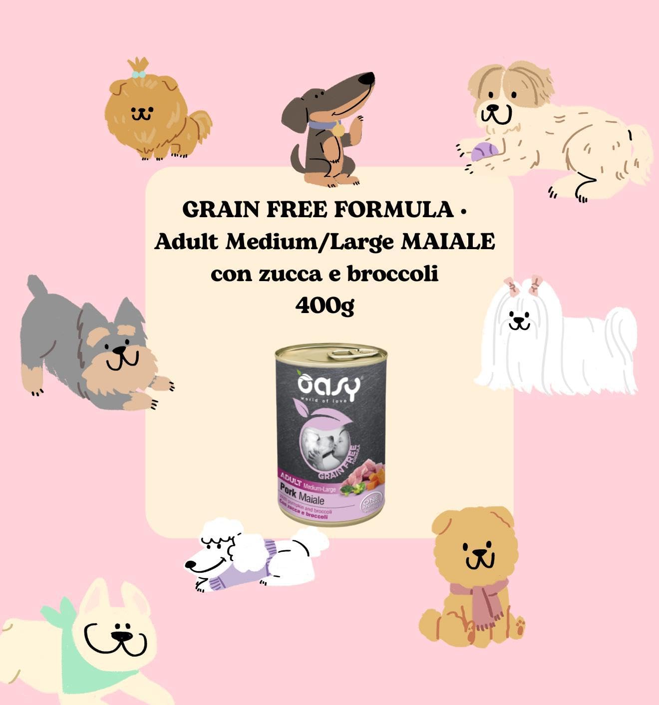 Oasy umido cane adult grainfree, alimento completo per cani adulti di taglia media e grande (medium) gusto MAIALE | 6 scatolette da 400 grammi l’una.