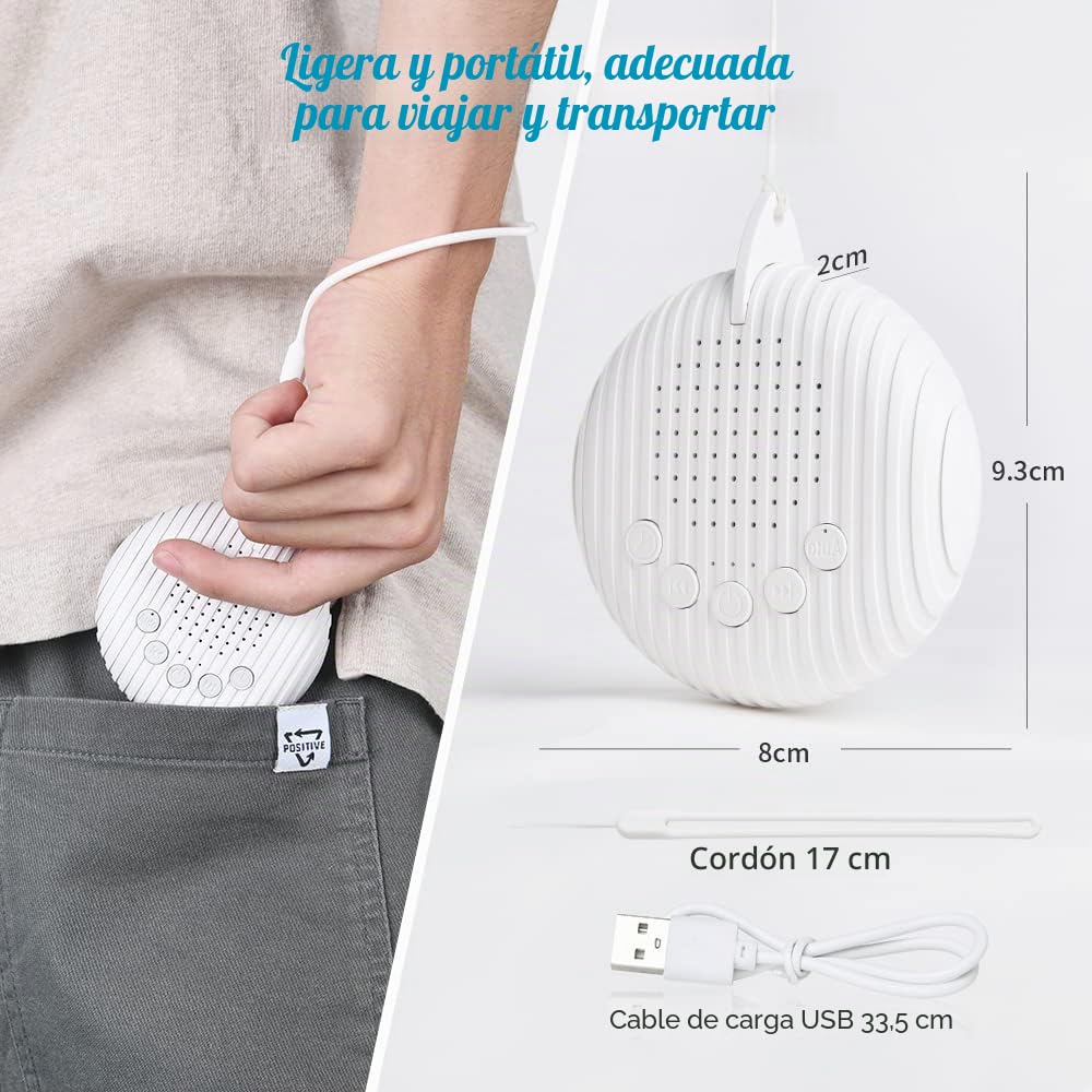 URAQT Máquina Ruido Blanco Bebe，Máquina de Ruido Blanco para Dormir Bebé Portatil, 10 Sonidos Relajantes y Temporizador, USB Recargable, Musica Relajante para Dormir Bebe