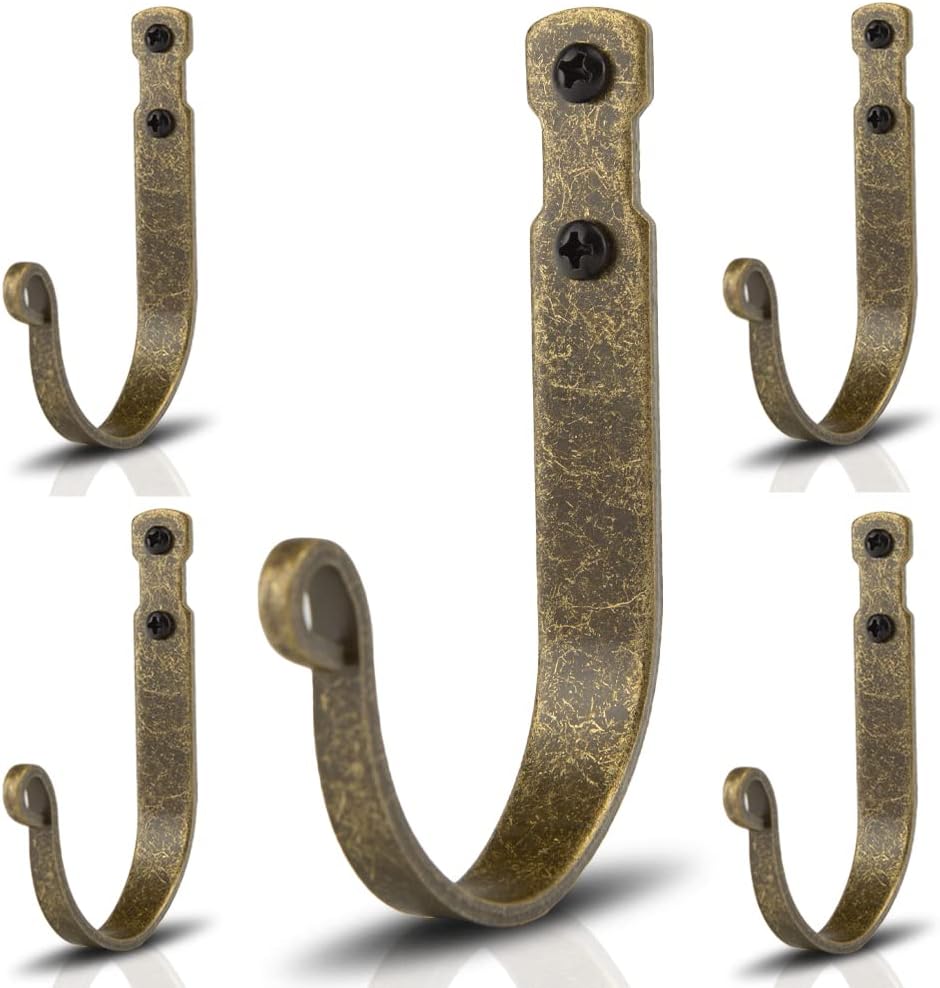 Wrought Iron Wall Mounted Hooks Heavy Duty Garage Storage Organizer Decorative Hanger for Home Garage Bathroom Kitchen Door Office Hanging Coat, Keys, Towel, Tools, Bags, Hat (Bronze) J Hook Bronze x 5