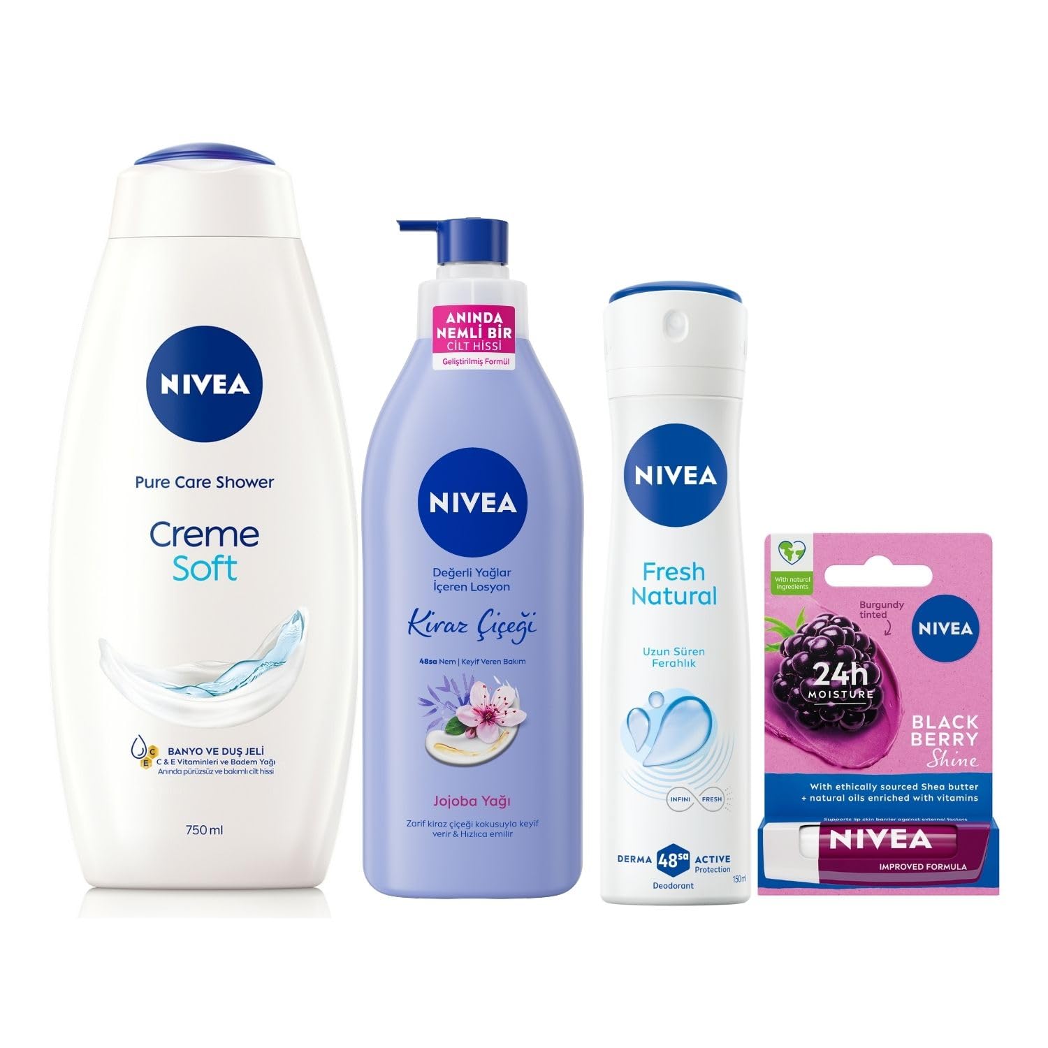 NIVEA Creme Soft Kremsi Dokunuş Duş Jeli 750 ml + Böğürtlen Dudak Bakım Kremi 4.8 gr + Değerli Yağlar İçeren Vücut Losyonu Kiraz Çiçeği & Jojoba Yağı, 400 ml + Sprey Deodorant Fresh Natural 150 ml