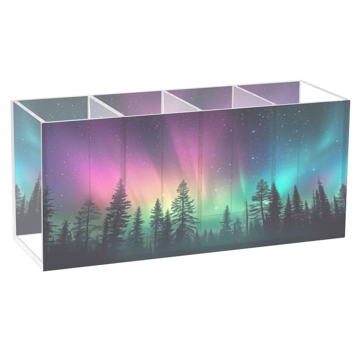 JUMBEAR Icelandic Colored Aurora Acrylic Pen Pencil Holder, 4 Compartments Clear Pen Pot - Desktop Stationery Storage Makeup Brushes Holder for Desk, Acrylic organiser Pen Holder Desk Tidy