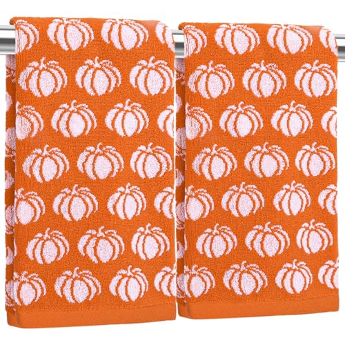 Whaline 2 Pcs Fall Pumpkin Hand Towels Thanksgiving Orange Cotton Bathroom Towel Autumn Gifts Decorative Absorbent Soft Kitchen Dish for Holiday Decor Drying Cleaning Cooking, 29.5 x 13.4 Inch