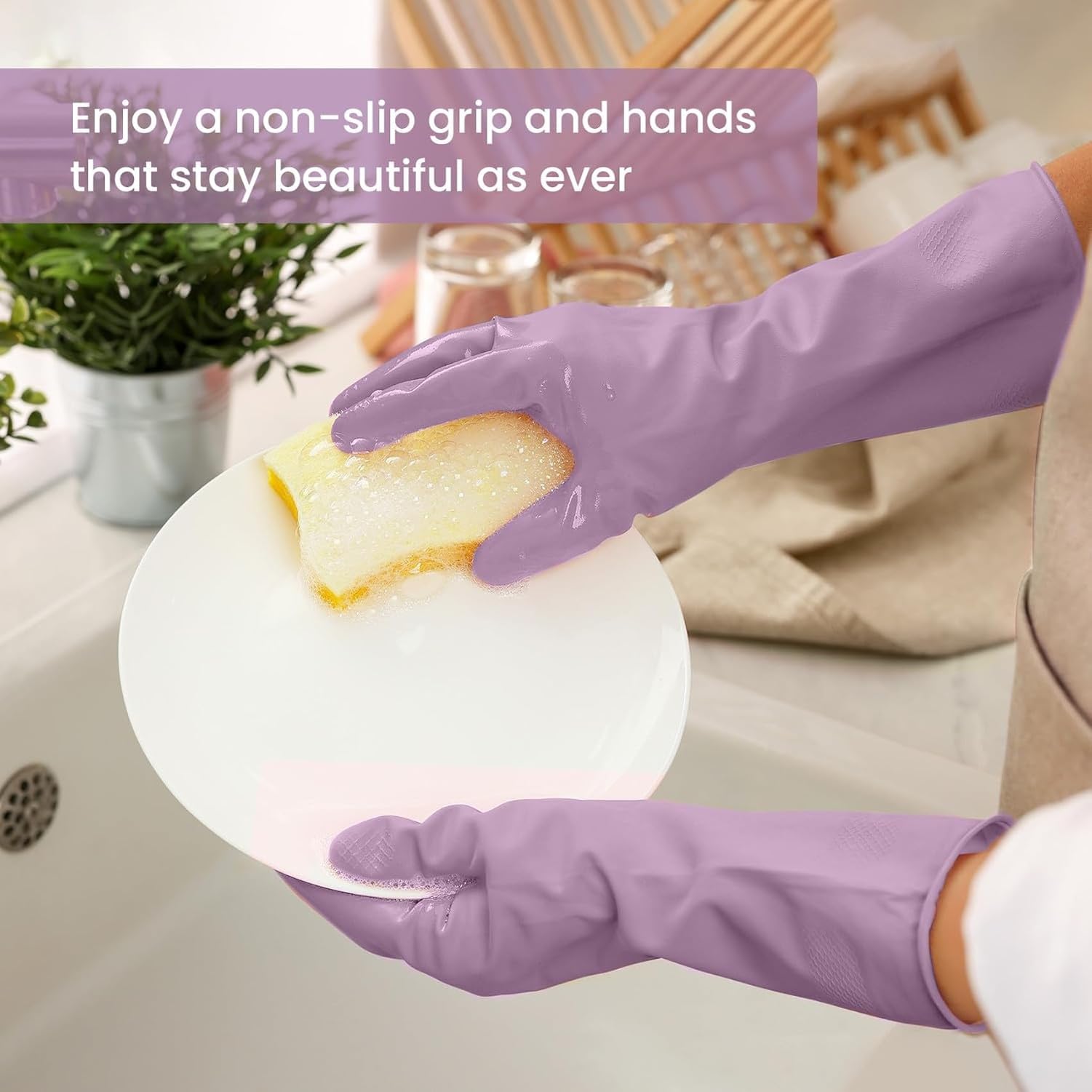 Guanti in Gomma per Lavare Piatti, 4 Paia di Guanti riutilizzabili per Pulizie domestiche, Guanti Colorati con Rivestimento spalmato e Presa Antiscivolo, 3-Purple, G