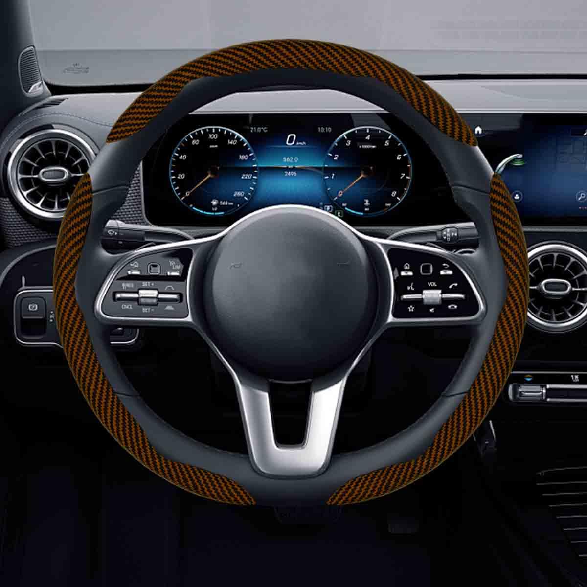 3PCS Car Carbon Fiber Steering Wheel Cover, Universal Scratch-Resistant Segmented Auto Steering Wheel Wrap Kit, Anti-Slip Vehicle Interior Decoration Accessories for SUV, Truck (Coffee)