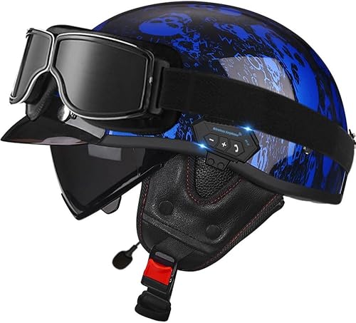 Casco abierto para hombres y mujeres, con Bluetooth, estilo alemán, retro, con visera de calavera, casco de media cara, aprobado por DOT,
