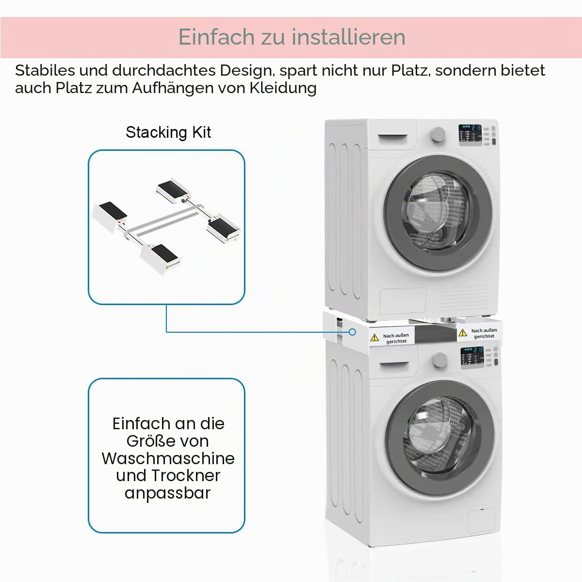 NIUXX Universal Zwischenbaurahmen, Verbindungsrahmen für Waschmaschine und Trockner mit Zurrgurt, einstellbare Größe 44.5-64 cm, Stapelhalterung für platzsparende Waschmaschinen-Trockner-Kombinationen