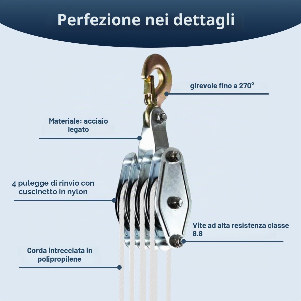 Pesante puleggia a 4 scomparti con freno a fune, 1000 kg max., 20 m di corda in PP, cavo a mano da 8:1 a 2,5 m di altezza di sollevamento